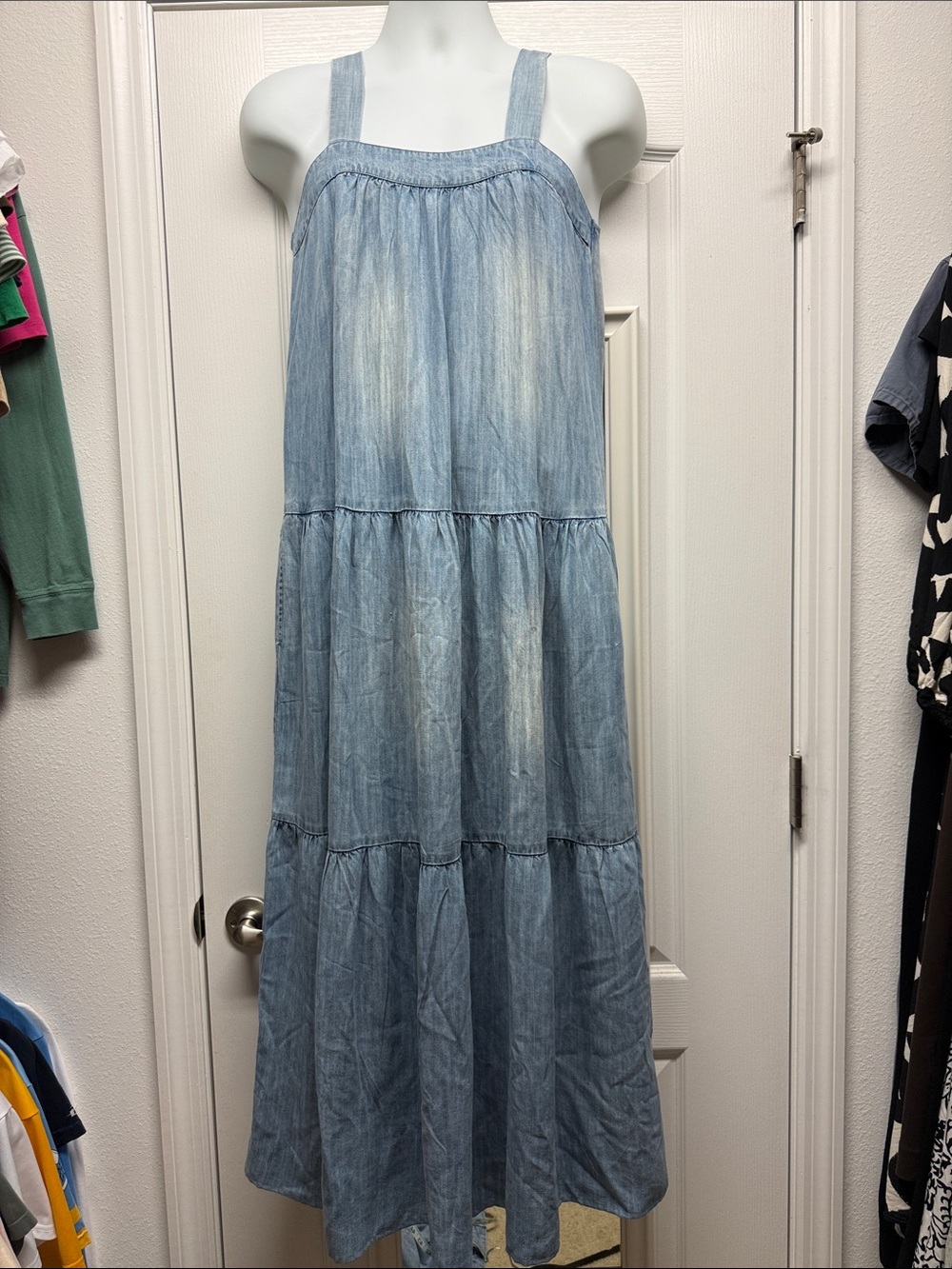 Elan Light Blue Denim Tiered Maxi Dress with Wide Straps
